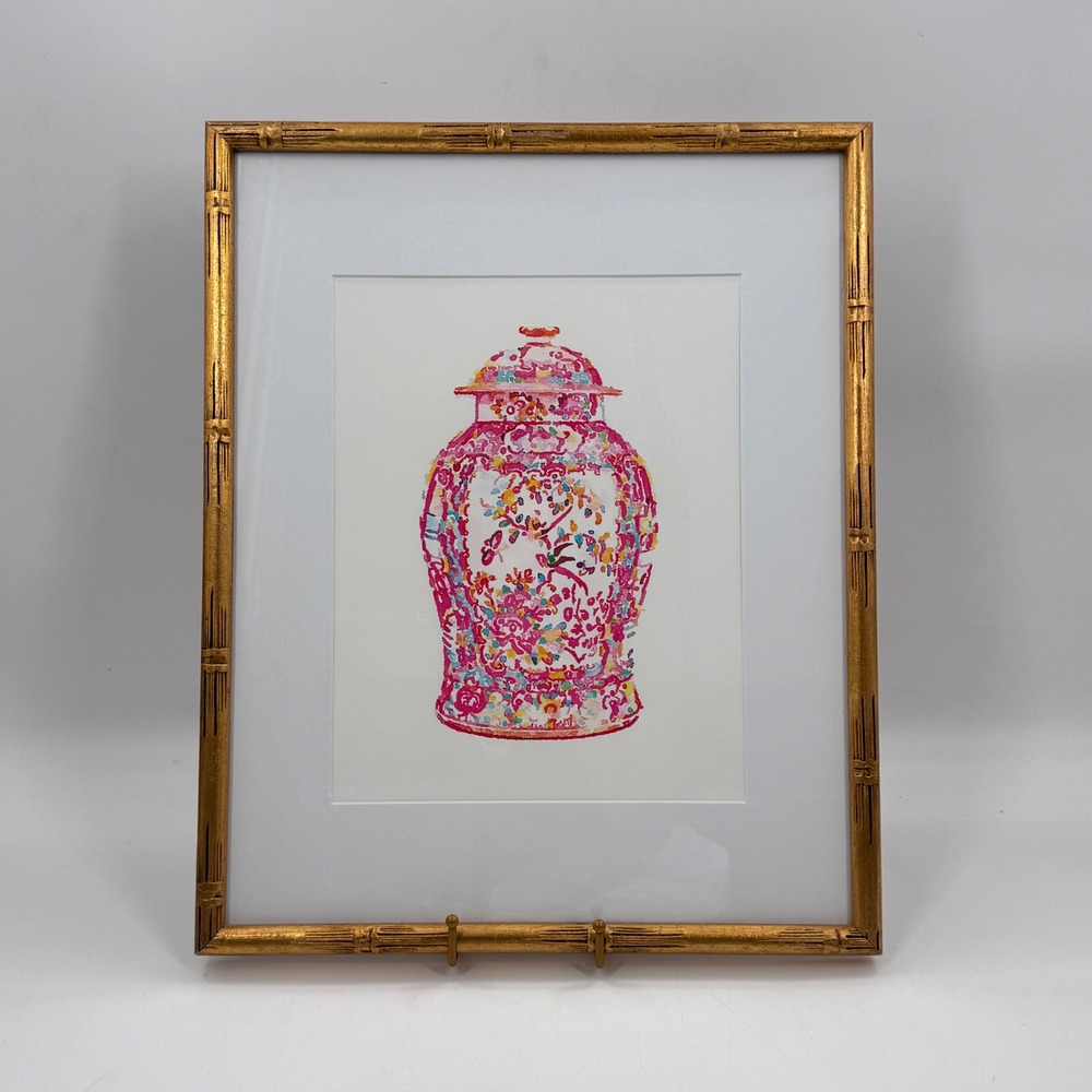 Pink Chinoiserie Ginger Jar Print Vintage Gold Bamboo Frame Wall Art 17x21